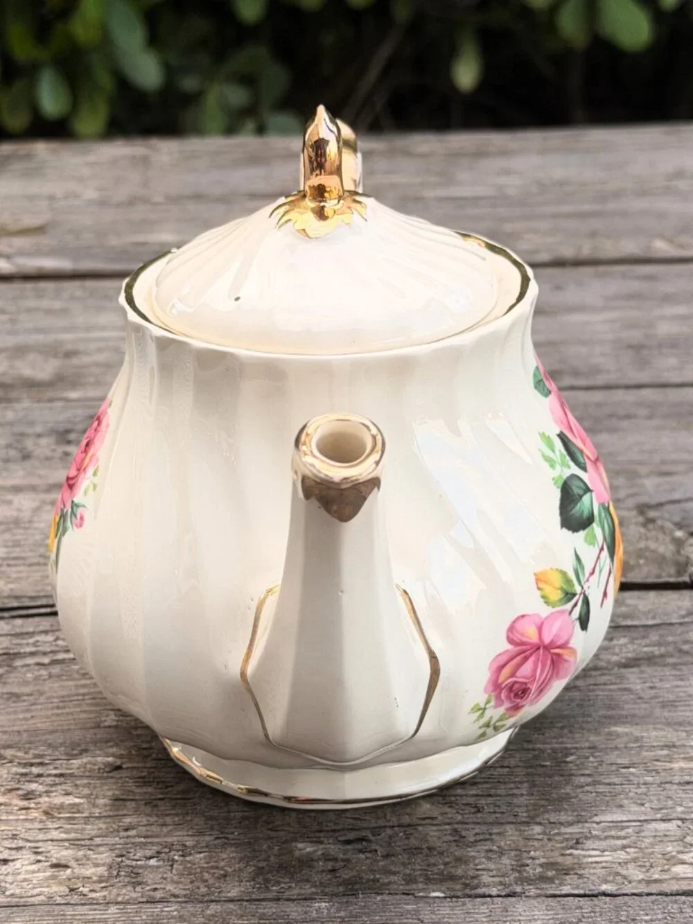 Vintage James Sadler Teapot Cabbage Rose Floral England Gold Trim Garden